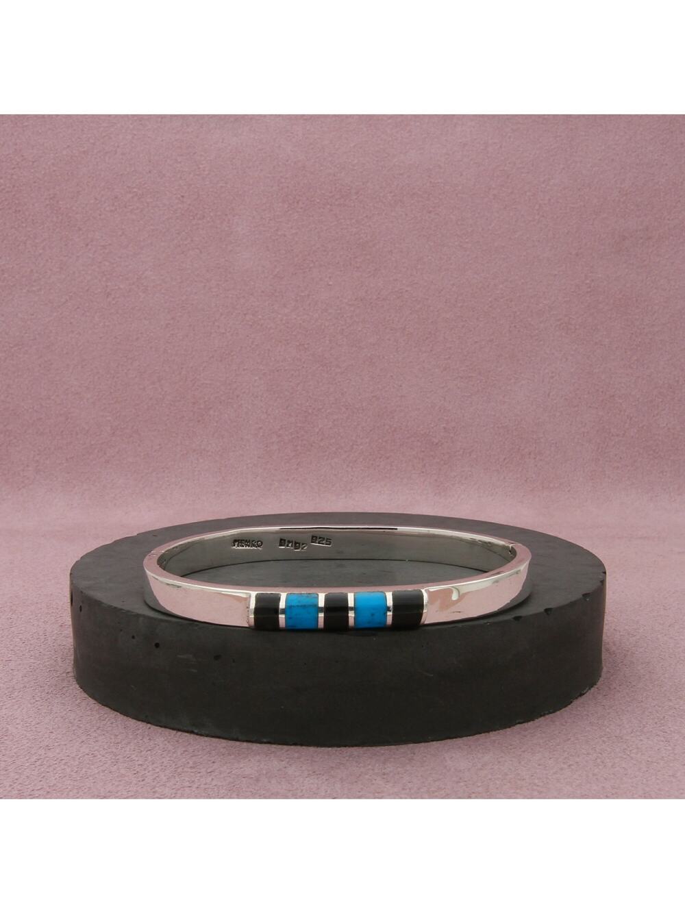 mexico sterling silver vintage turquoise onyx hinged bracelet size 6.5in